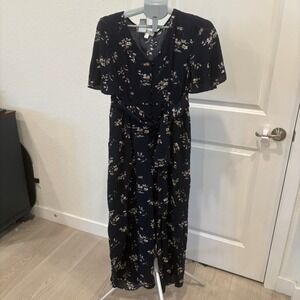 Chance Women Navy Blue Floral Button Front Wide Leg Jumpsuit Size Small